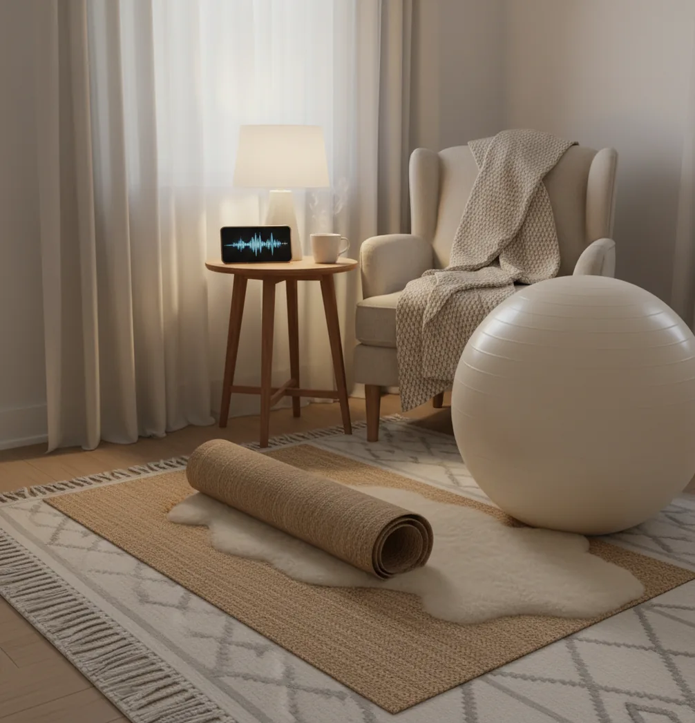 Pregnant woman practising slow breathing on a yoga mat beside a birth ball at home