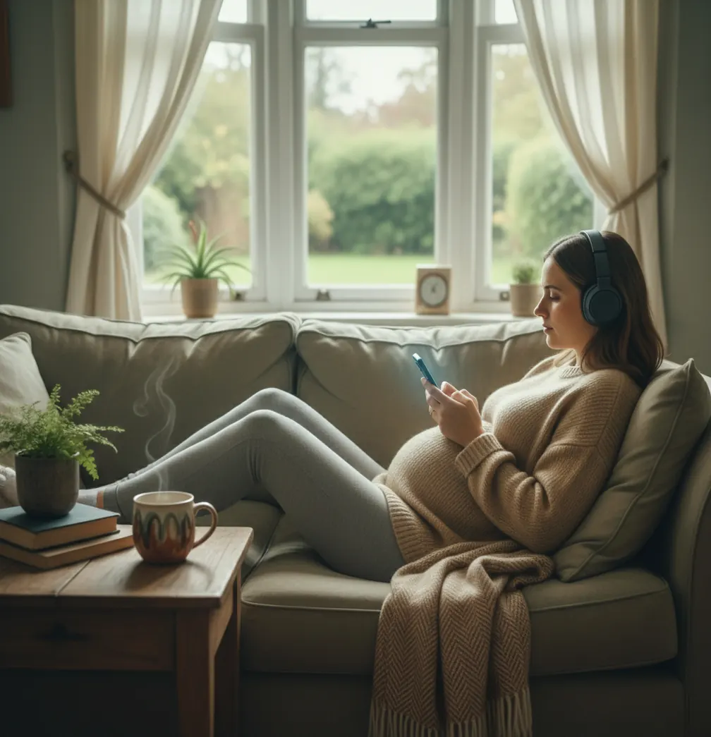Pregnant person relaxing on sofa with headphones and phone, calm evening light