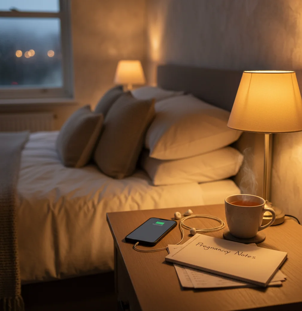 Phone on bedside table with headphones, pregnancy journal, and soft lamp glow