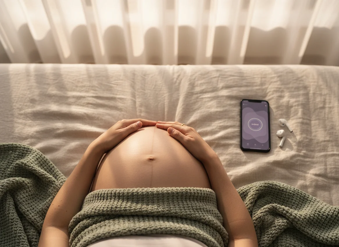 Pregnant woman's hands resting on belly with phone and earbuds nearby, soft morning light, cozy bedroom setting