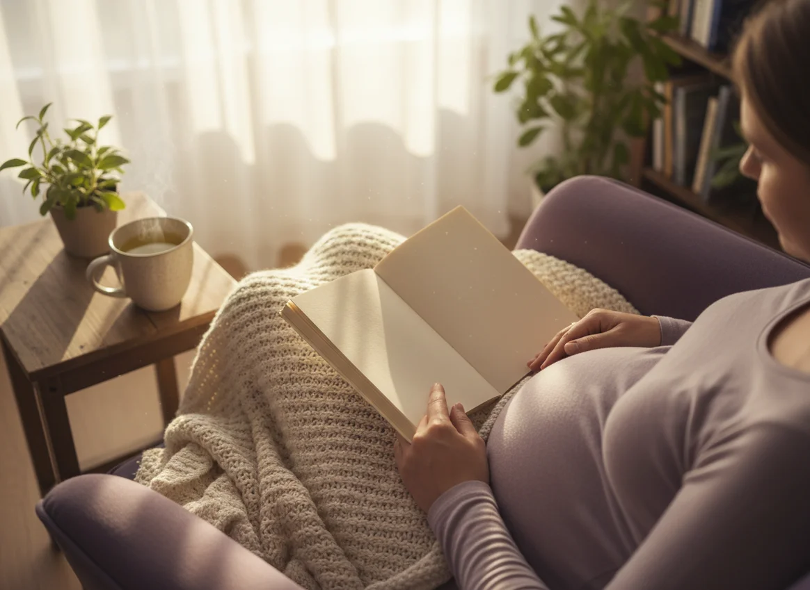Pregnant woman's hands holding open book while resting on baby bump in cozy reading corner with warm natural light