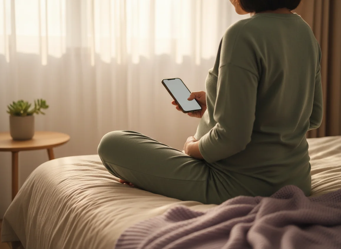 Pregnant woman from behind peacefully using phone on bed with soft morning light and calming neutral decor