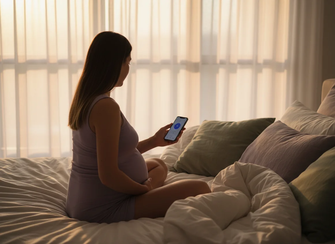Pregnant woman from behind sitting peacefully on bed with phone, soft morning light creating calm atmosphere