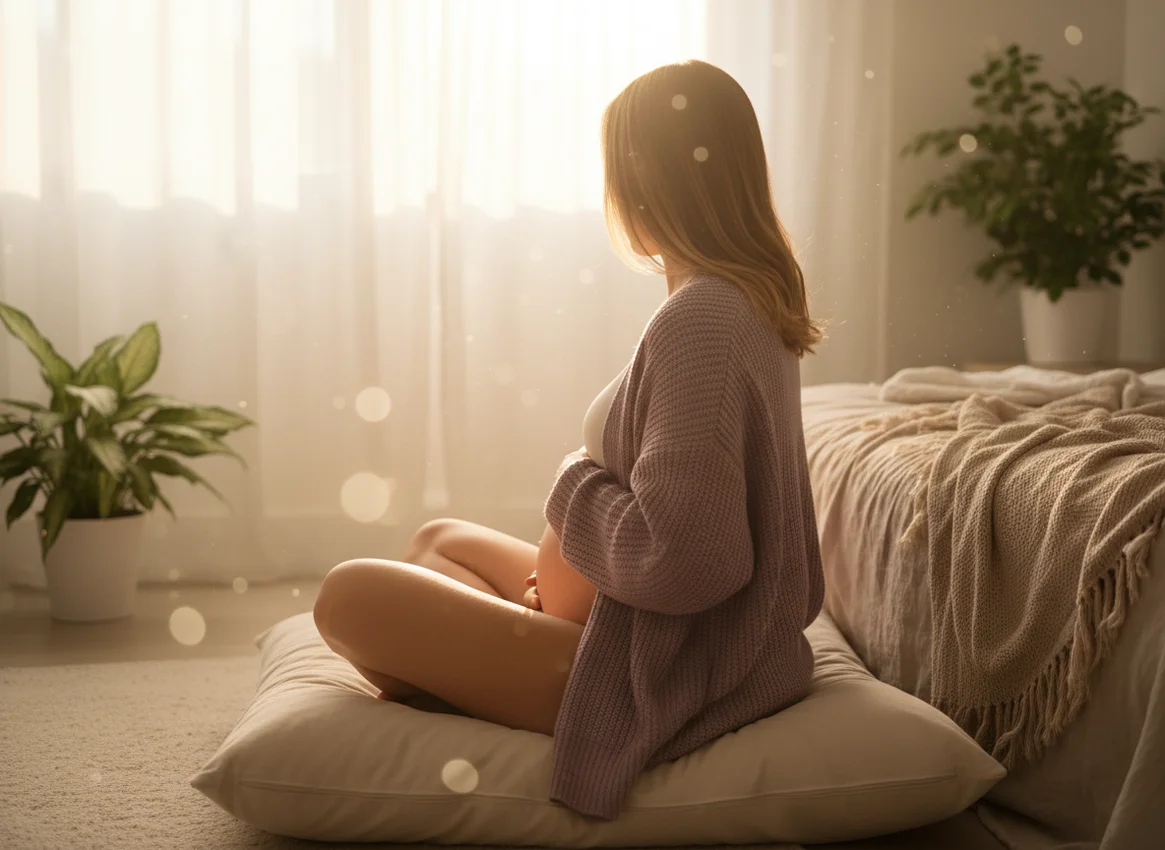 Pregnant woman meditating peacefully from behind, hands on bump, in sunlit bedroom with soft natural light