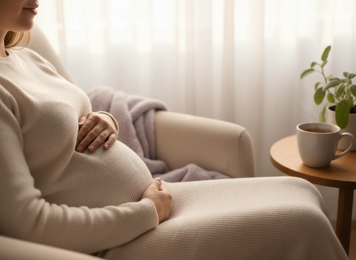 Pregnant woman's hands resting peacefully on her belly in warm morning light with cozy surroundings