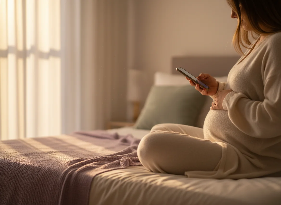 Pregnant woman's hands holding phone while resting on belly in warm, cozy bedroom with soft natural lighting