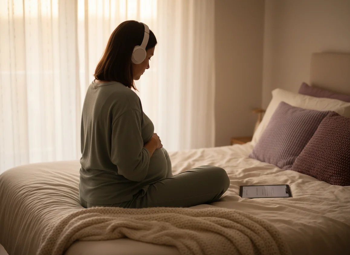 Pregnant woman from behind practicing relaxation with headphones in cozy bedroom with warm natural lighting