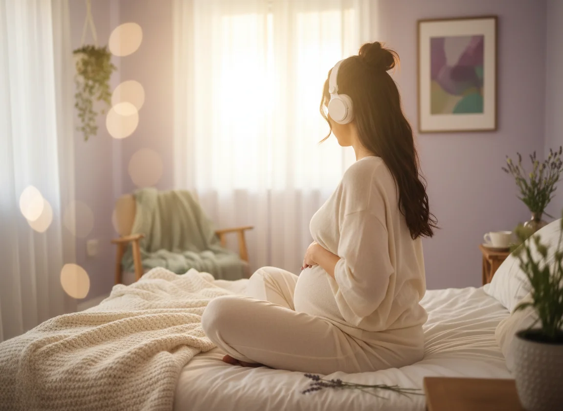 Pregnant woman meditating with headphones from behind, soft morning light, peaceful bedroom setting with calming colors