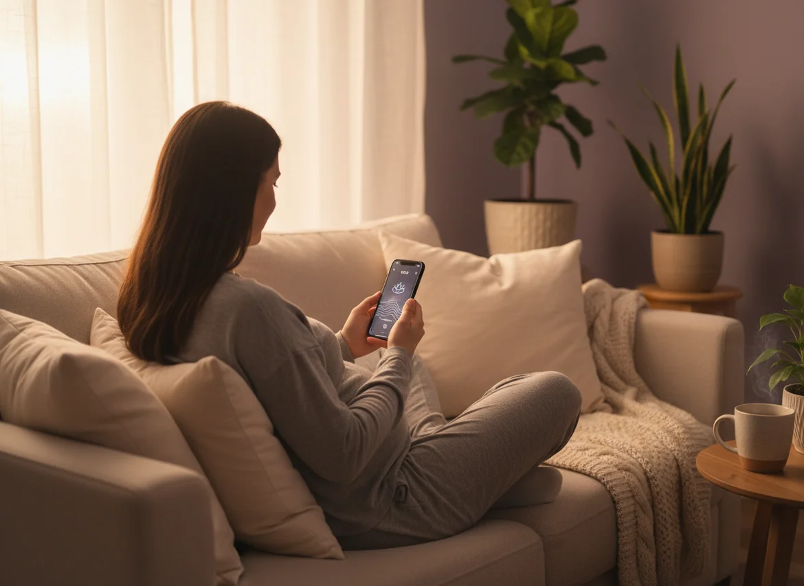 Pregnant woman relaxing on sofa at home practicing hypnobirthing meditation on smartphone app in warm evening light