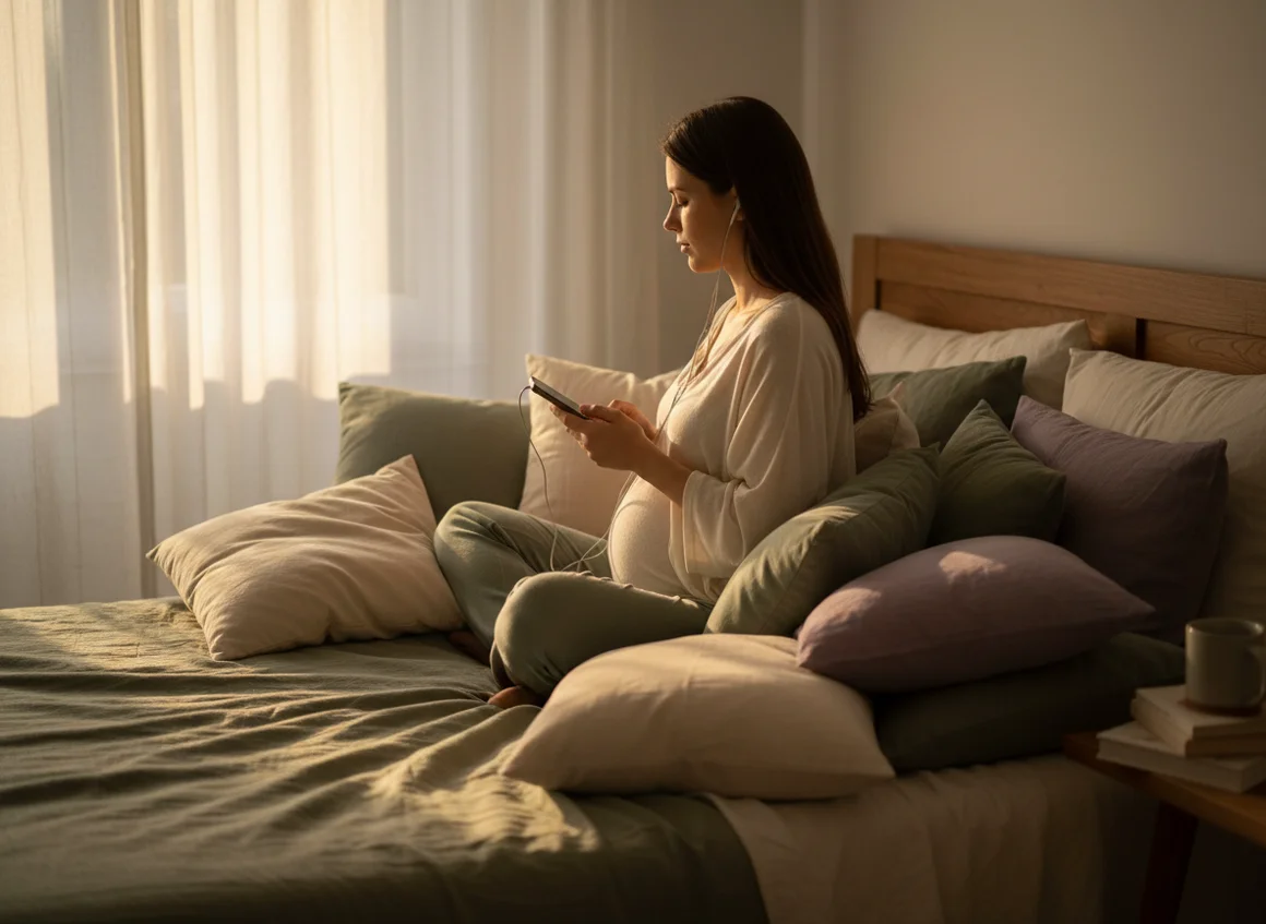 Pregnant woman relaxing on bed with phone and earbuds, soft morning light, peaceful meditation moment