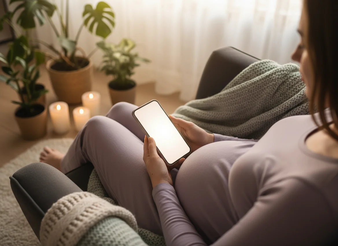 Pregnant woman's hands holding phone on belly in cozy setting with warm natural light and soft blankets