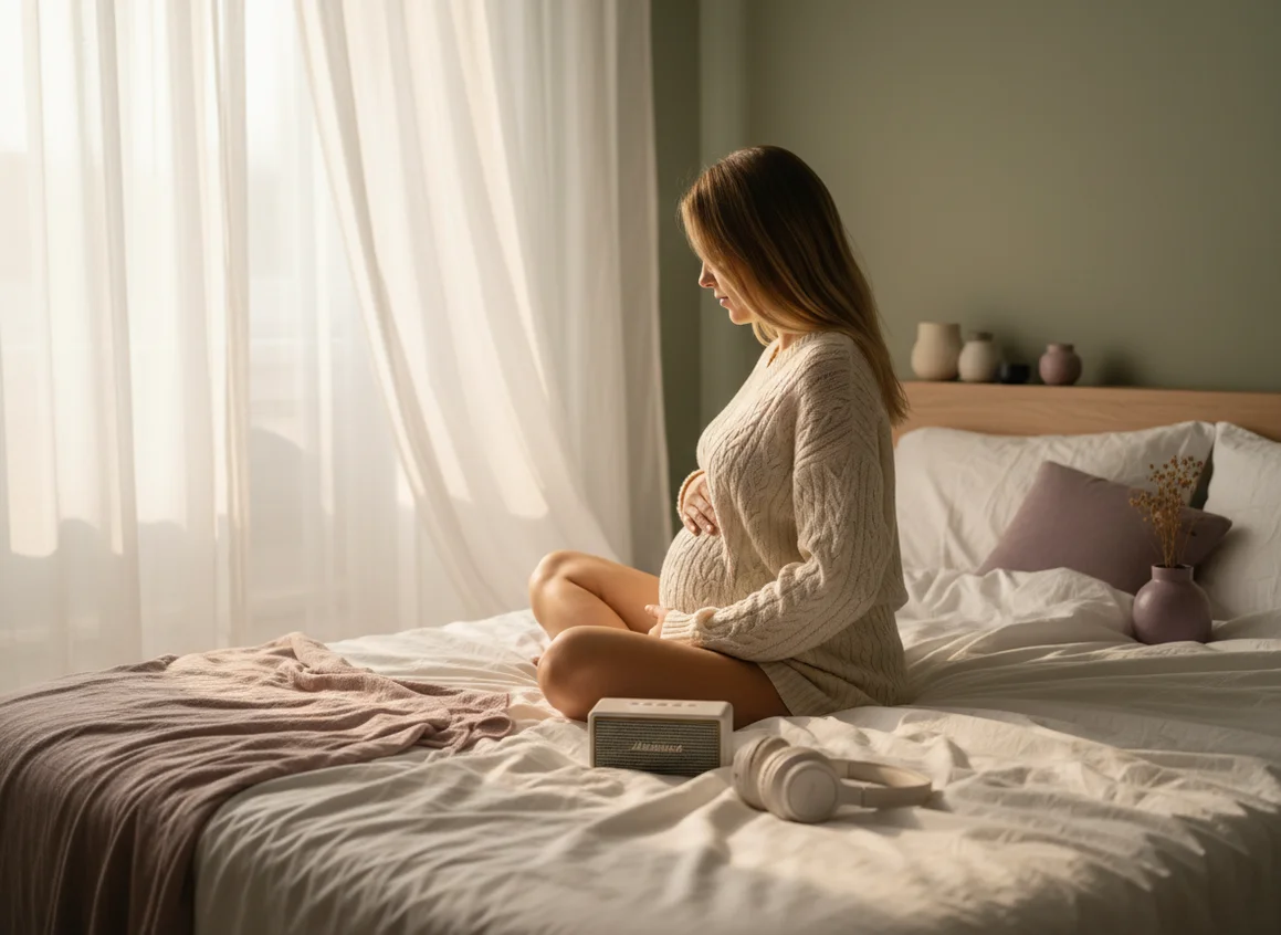 Pregnant woman meditating peacefully on bed from behind, hands on belly, soft morning light through curtains