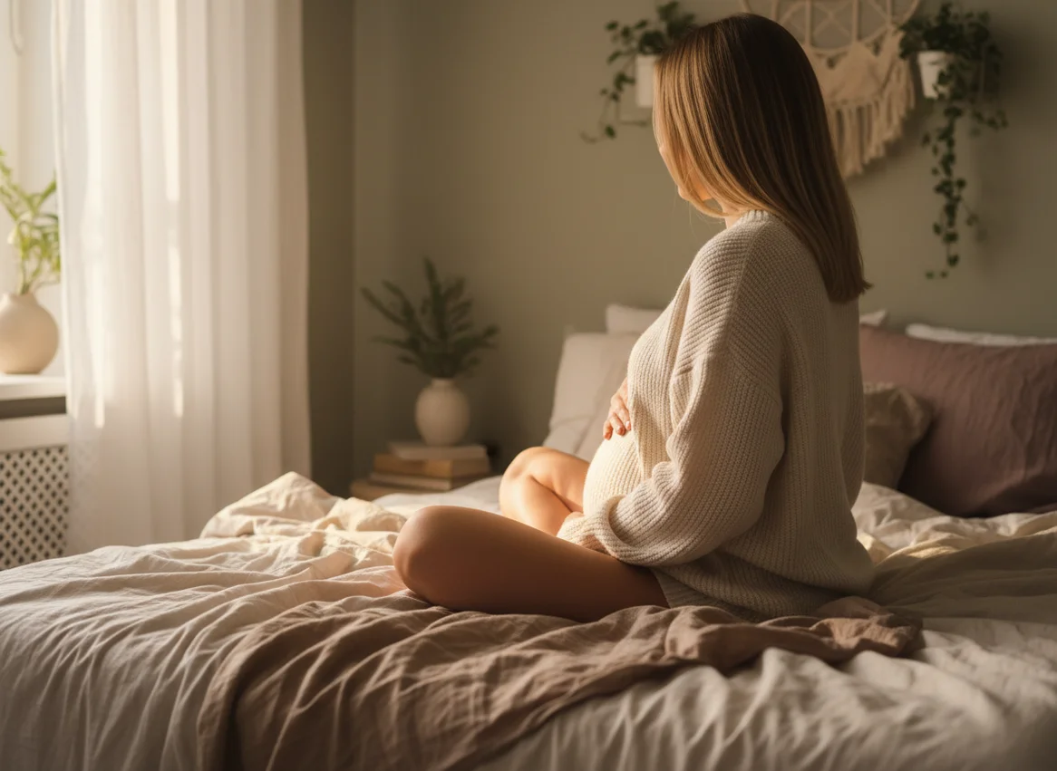 Pregnant woman meditating peacefully on bed with hands on belly, warm morning light, calming neutral tones