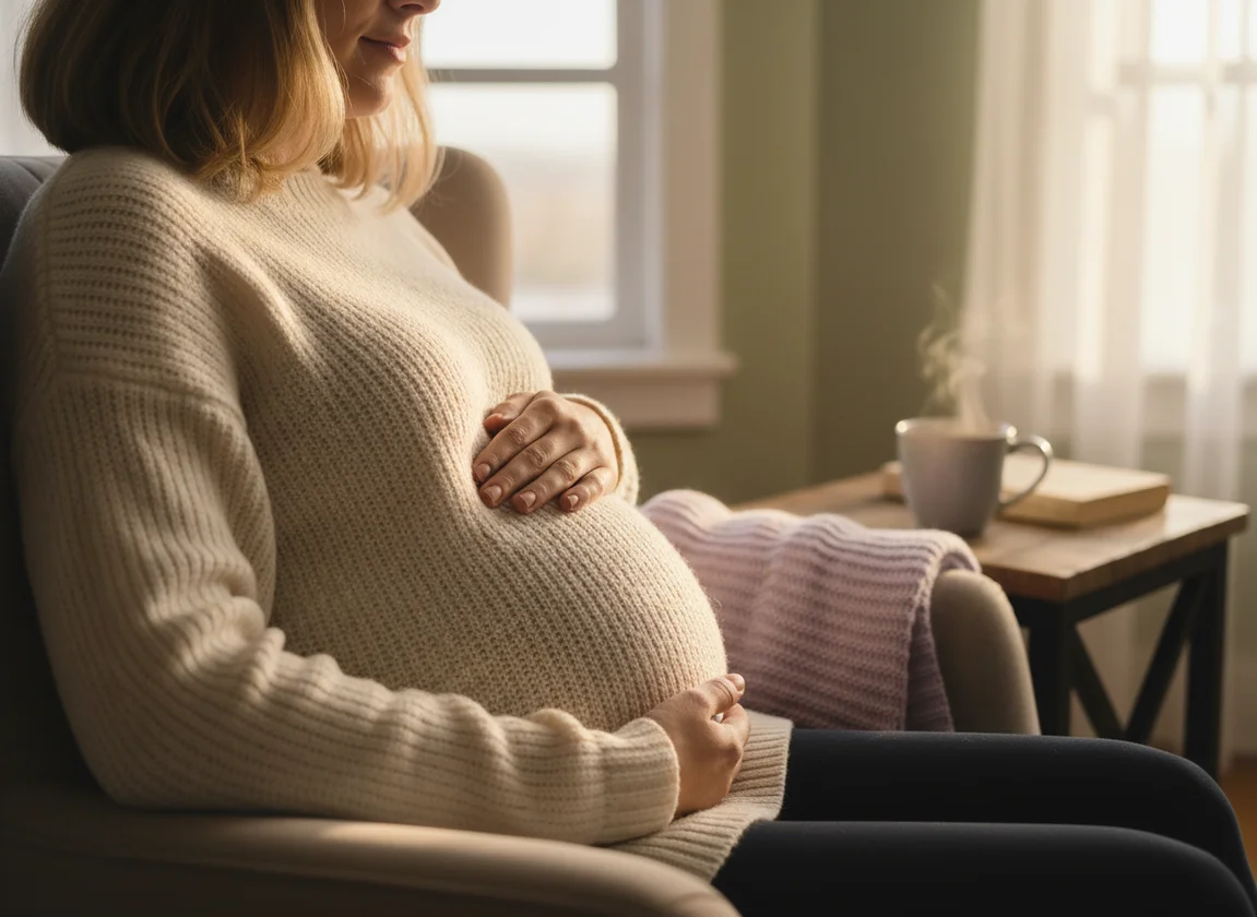 Pregnant woman's hands resting on her bump near a sunlit window with warm, calming decor in soft neutral tones