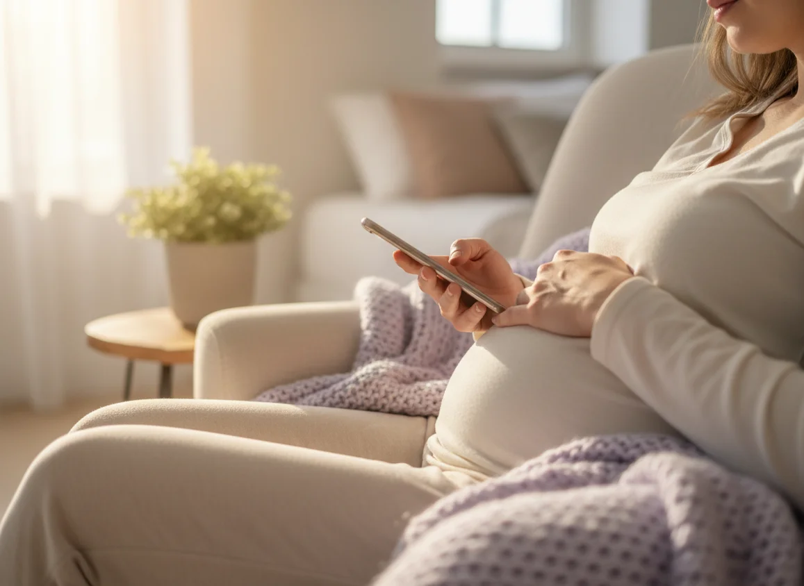 Pregnant woman's hands holding phone while resting on belly in cozy setting with warm natural light