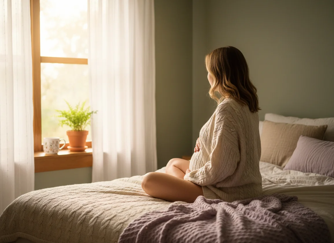Pregnant woman sitting peacefully by window with hands on belly, soft morning light, calming bedroom setting